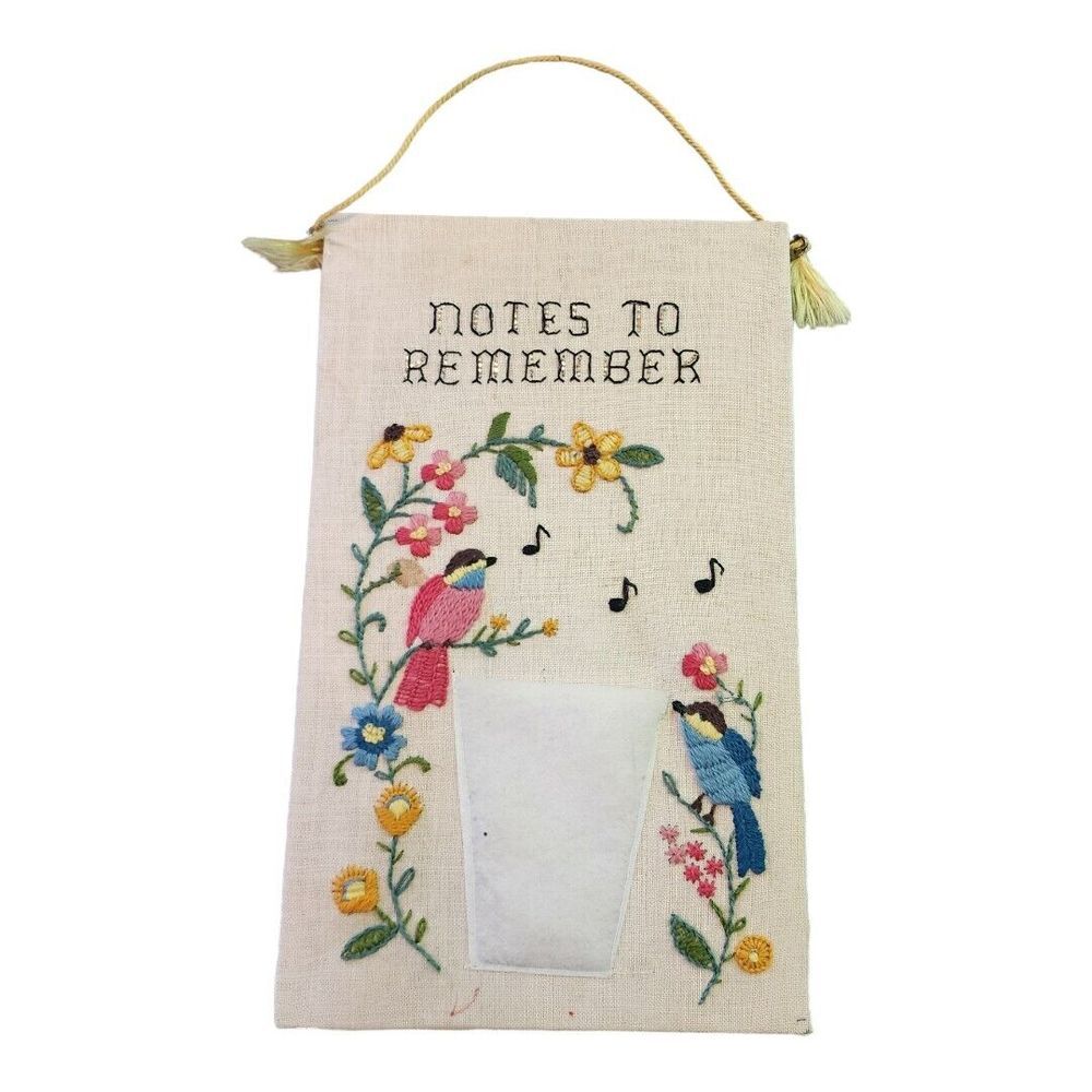 Vintage Handmade Notes To Remember‎ Floral Birds Needlepoint Wall Hanging